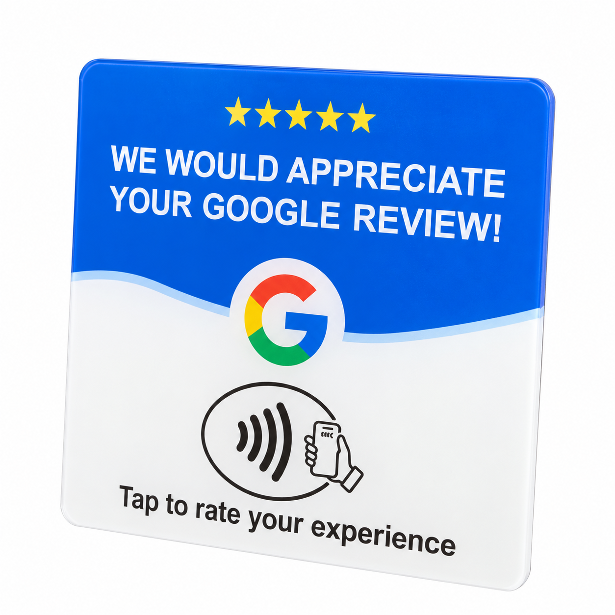 Angled view showing the slim flat review card and its printed NFC tap symbol