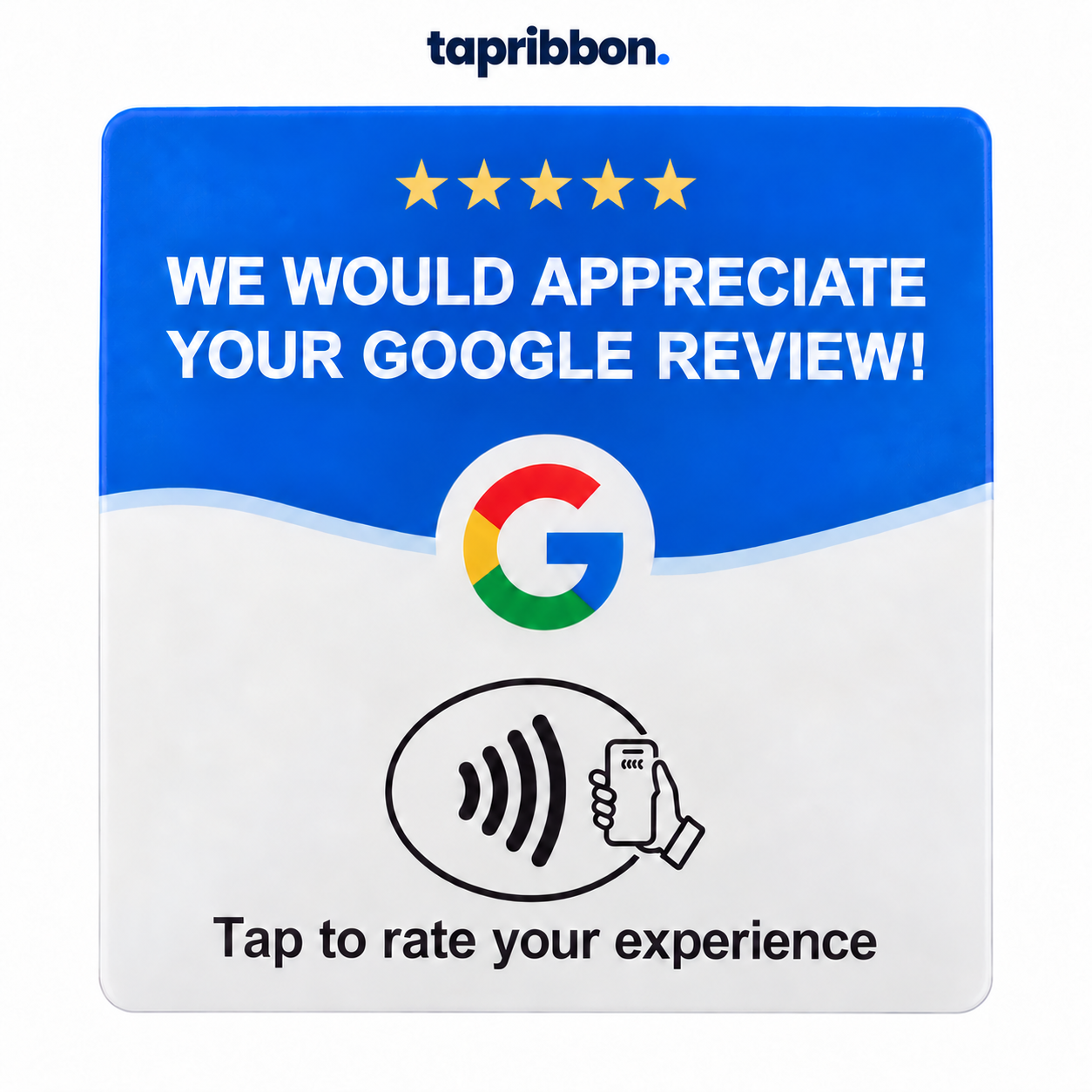 Upright front view of the blue and white NFC review card